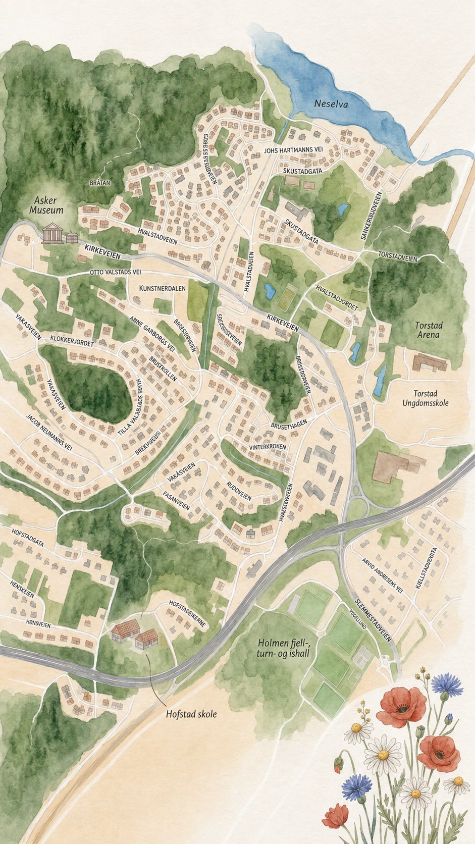 Illustrert akvarellkart over dekningsområdet vårt i Hvalstad og Vakås i Asker